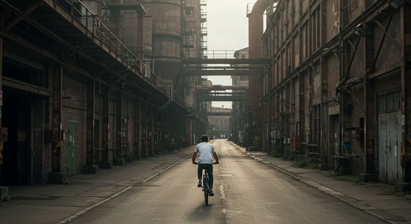 공장 지역을 자전거타고 가는 남자 사진