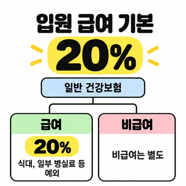 일반 건강보험의 입원 급여 기본 본인부담률 20%를 크게 표시하고 급여와 비급여를 나누어 식대와 일부 병실료 등의 예외 및 비급여 별도를 안내한 이미지