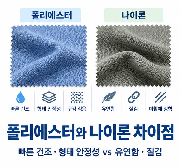 폴리에스터와 나이론 차이점과 두 합성섬유의 촉감 내구성 건조속도를 비교하는 교육용 이미지