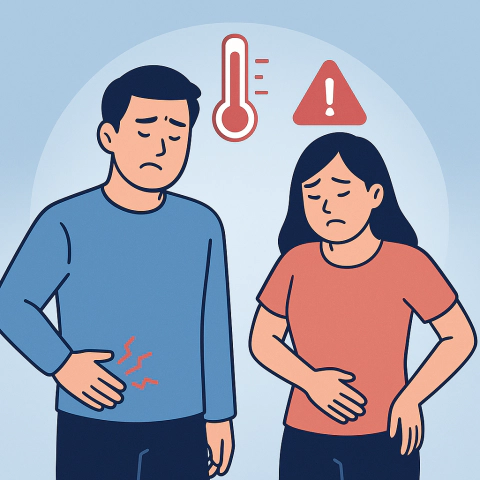 고열과 옆구리 통증이 있는 남녀 경고 일러스트