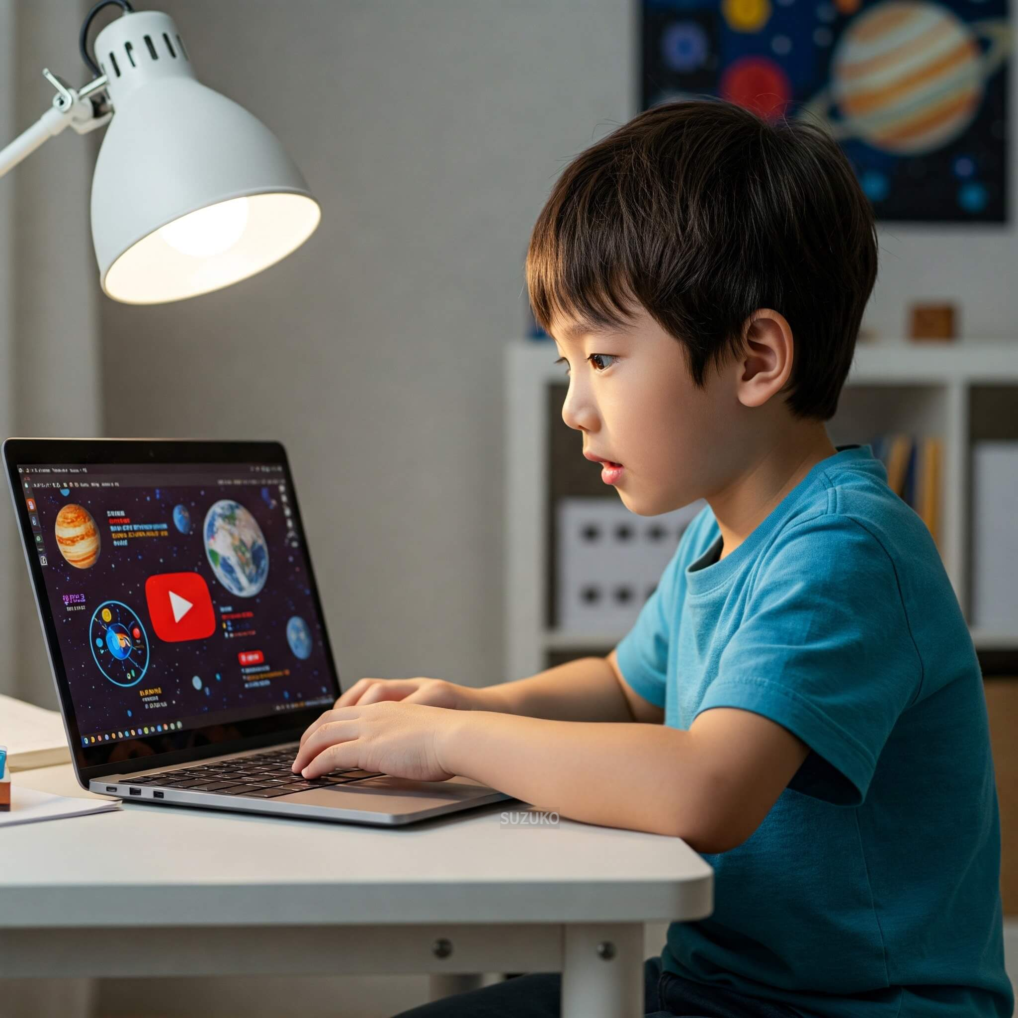 노트북으로 유튜브 과학채널을 보고 있는 아이