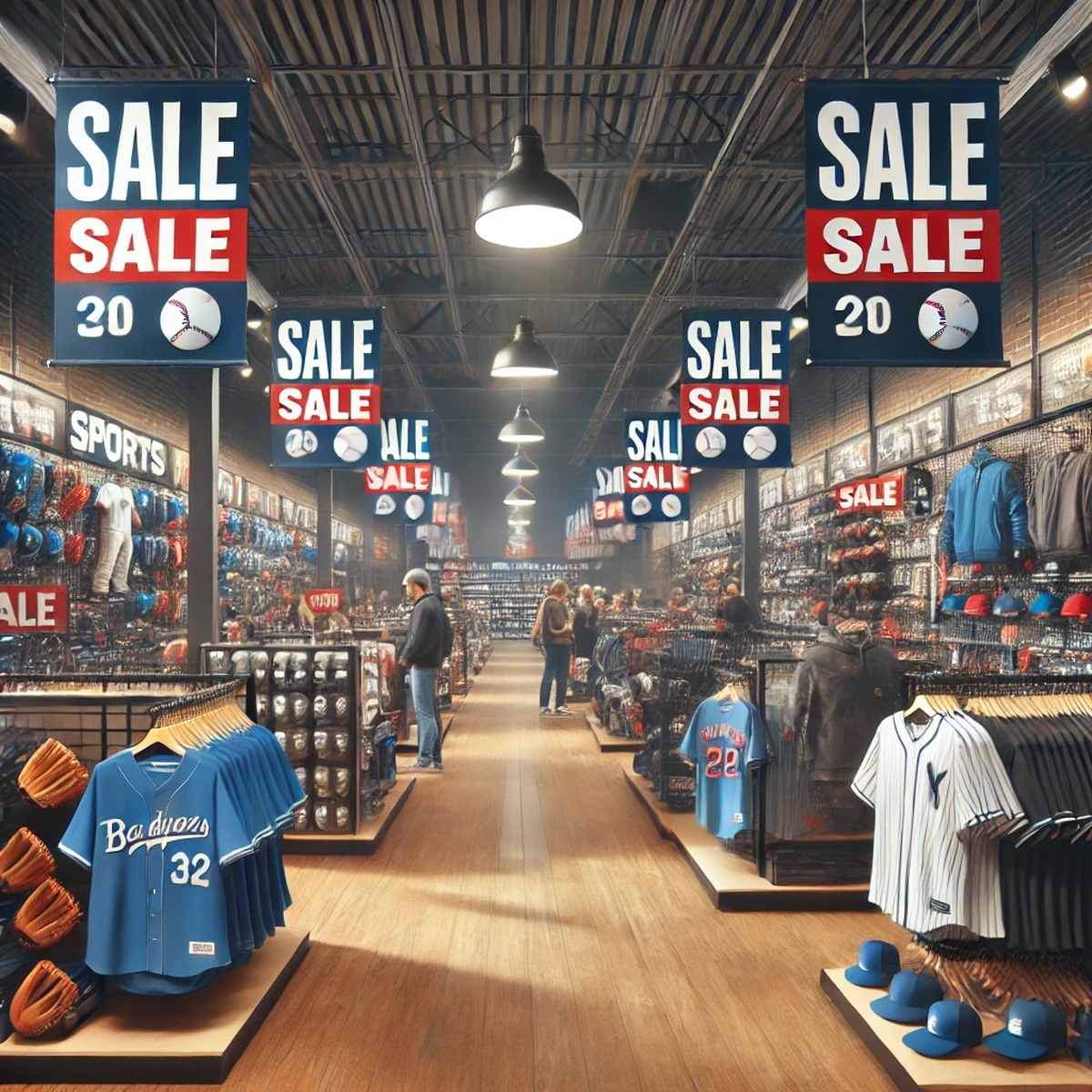 'SALE' 문구가 붙은 스포츠 매장의 시즌 세일 풍경