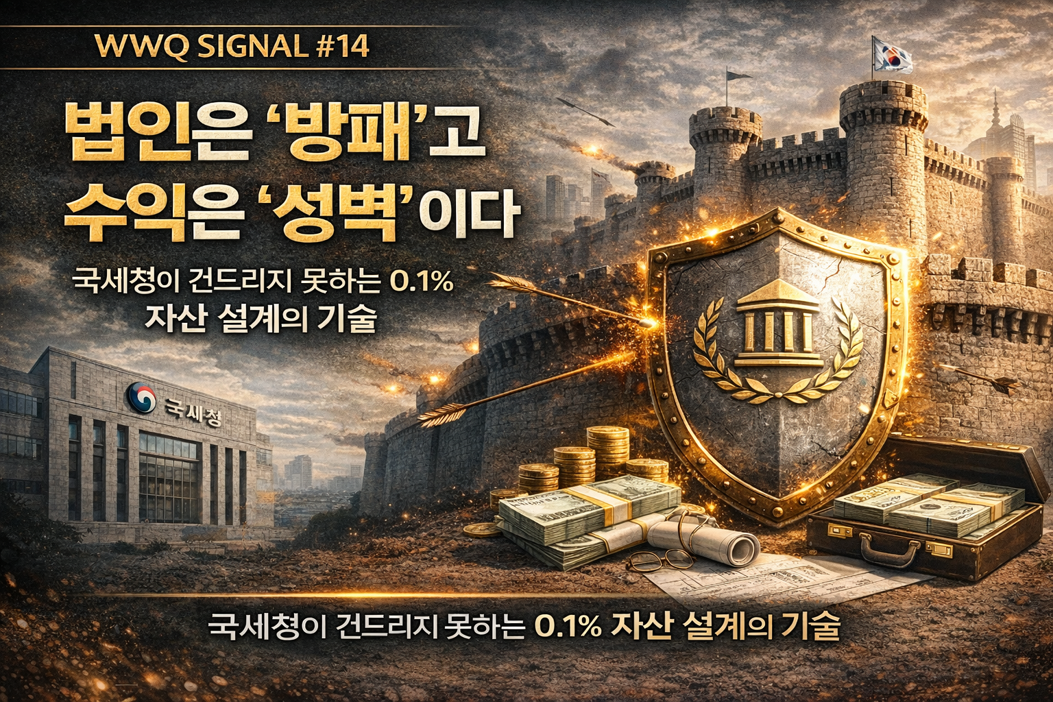 WWQ SIGNAL 14 법인은 방패고 수익은 성벽이다 국세청이 건드리지 못하는 0.1% 자산 설계 전략을 상징하는 방패와 성곽 이미지 썸네일