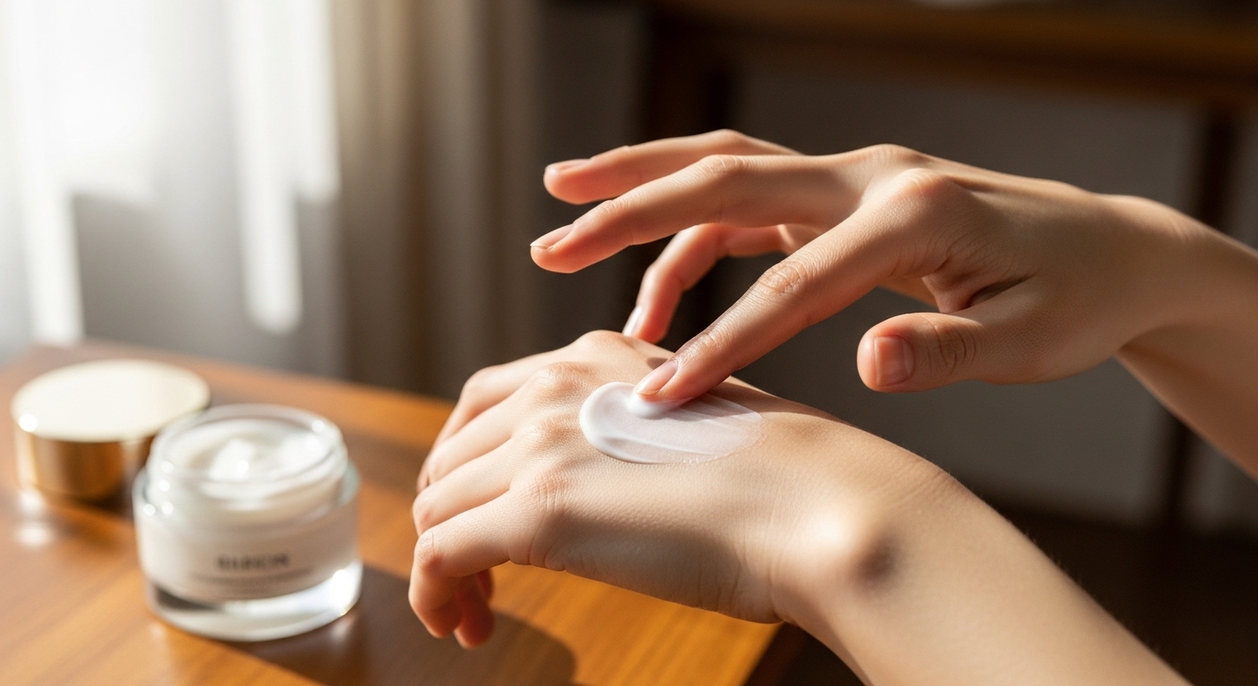 촉촉한 핸드크림을 바르며 손의 보습을 관리하는 모습.