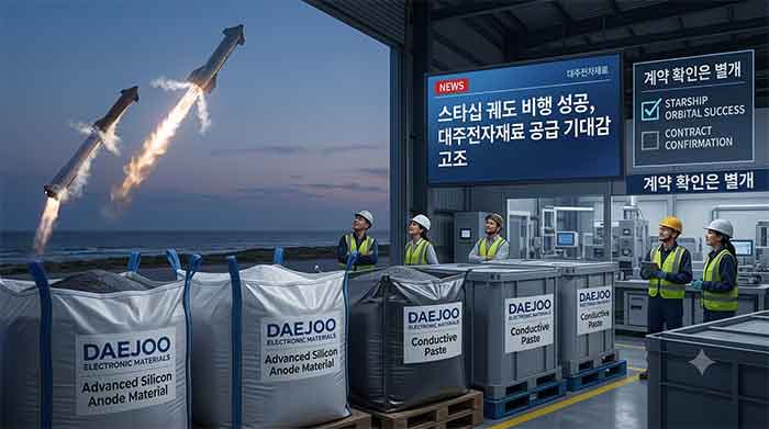 우주로 발사되는 로켓과 배터리 소재 제조 공장의 모습.