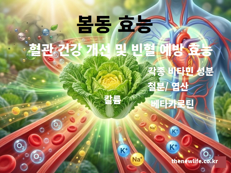 봄동 효능 중 혈관 건강 개선과 빈혈 예방 효과 인포그래픽. 칼륨, 철분, 엽산 성분이 혈액 순환을 돕고 콜레스테롤을 낮추는 작용 원리