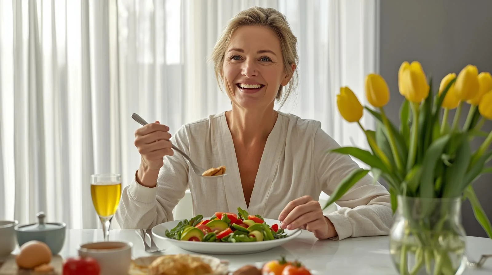 혼자살기하는 중년여성이 식탁에서 브런치를 즐기며 행복한 미소를 짓는 모습
