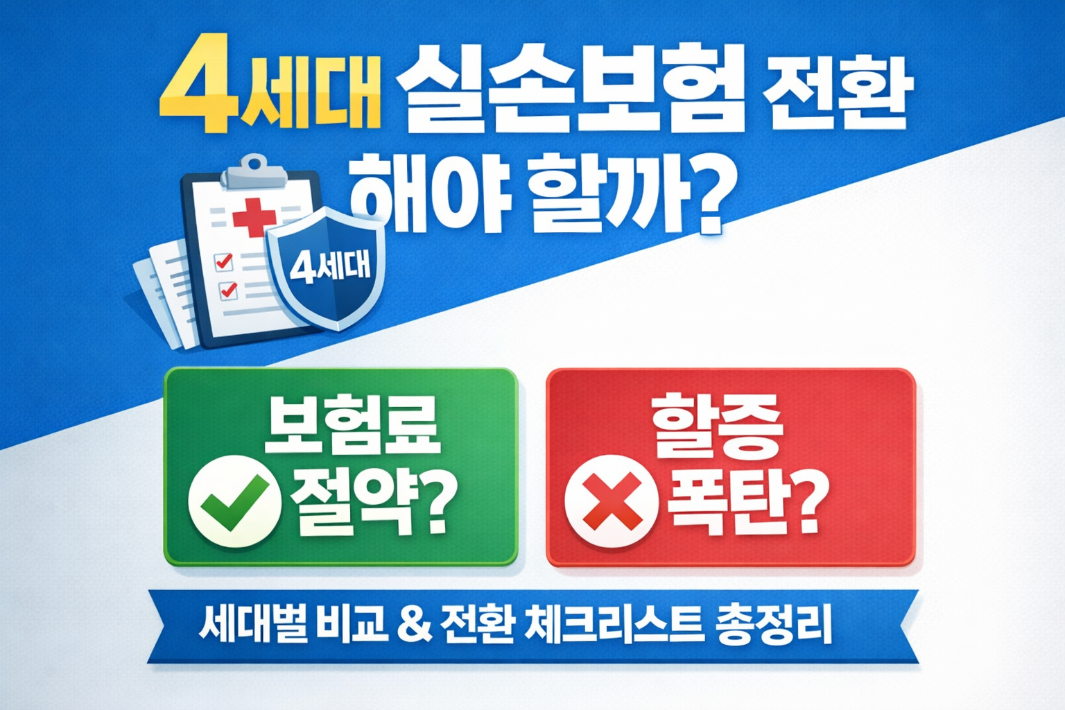 4세대 실손보험 전환이 유리한지 판단하기 위한 대표 이미지로, 보험료 절약과 비급여 할증 여부를 대비해 보여주는 일러스트