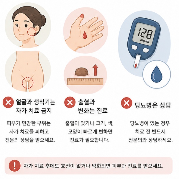 얼굴이나 생식기 사마귀와 출혈하거나 빠르게 변하는 병변은 직접 제거하지 말고 피부과 진료가 필요함을 보여주는 그림