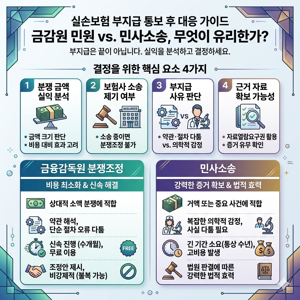 실손보험 부지급 대응 가이드 금감원 민원과 민사소송 비교 핵심 요소 인포그래픽