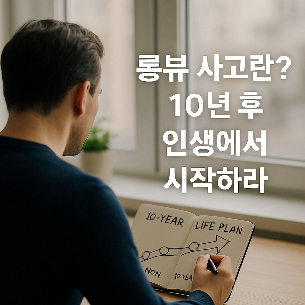 창가에 앉아 10년 인생 계획 노트를 작성하는 남성의 뒷모습 &ndash; 롱텀 사고와 장기 루틴 실천을 상징하는 이미지