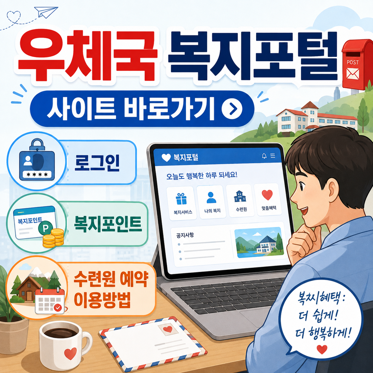 우체국 복지포털 사이트 바로가기｜로그인&middot;복지포인트&middot;수련원 예약 이용방법