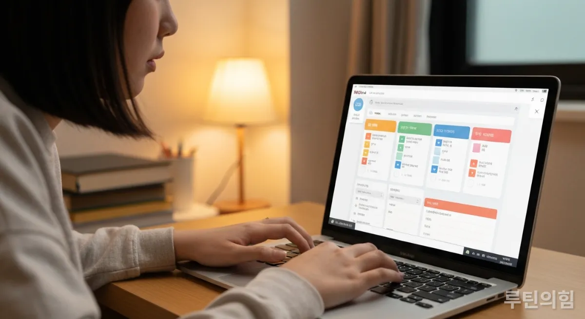 노션으로 공부 계획을 정리하는 한국인 학생의 손과 노트북 화면