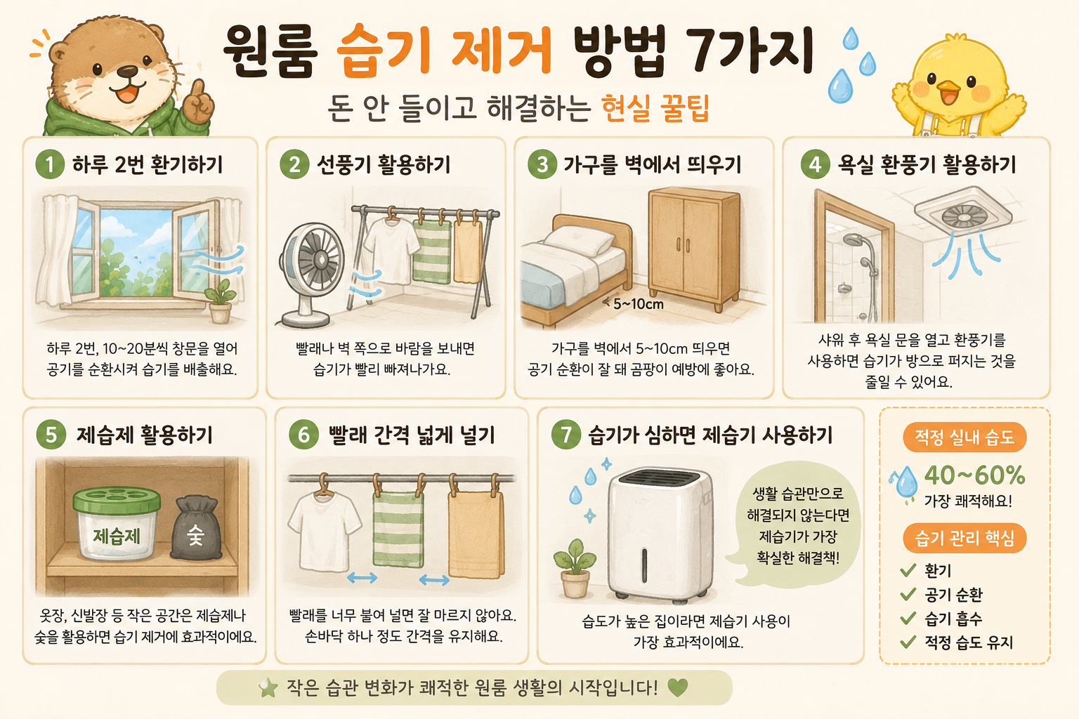 원룸 습기 제거 방법 7가지와 환기, 선풍기, 제습기를 정리한 인포그래픽