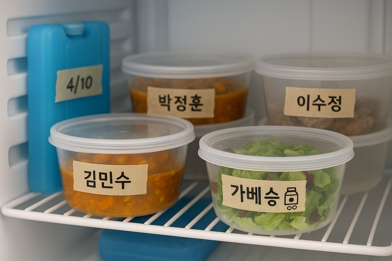 공용냉장고 선반 위, 이름·시간·알레르겐이 적힌 라벨 용기들