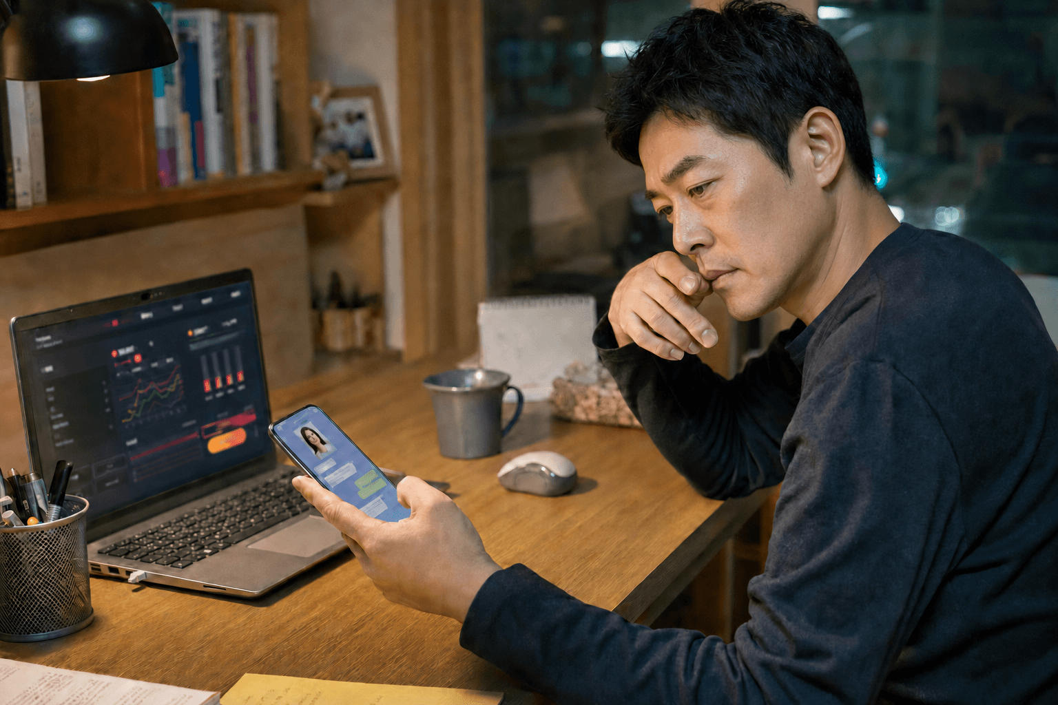 해외 데이팅 앱 상대의 수익 권유 메시지를 확인하며 고민하는 30대 후반 남성