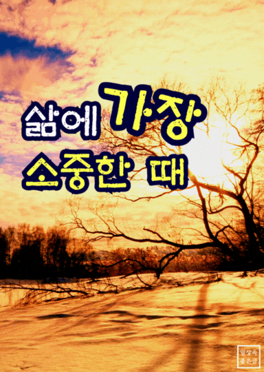 겨울 들판에 지는 해와 나무 실루엣이 어우러지고 ‘삶에 가장 소중한 때’라는 문구가 강조된 감성 풍경 이미지