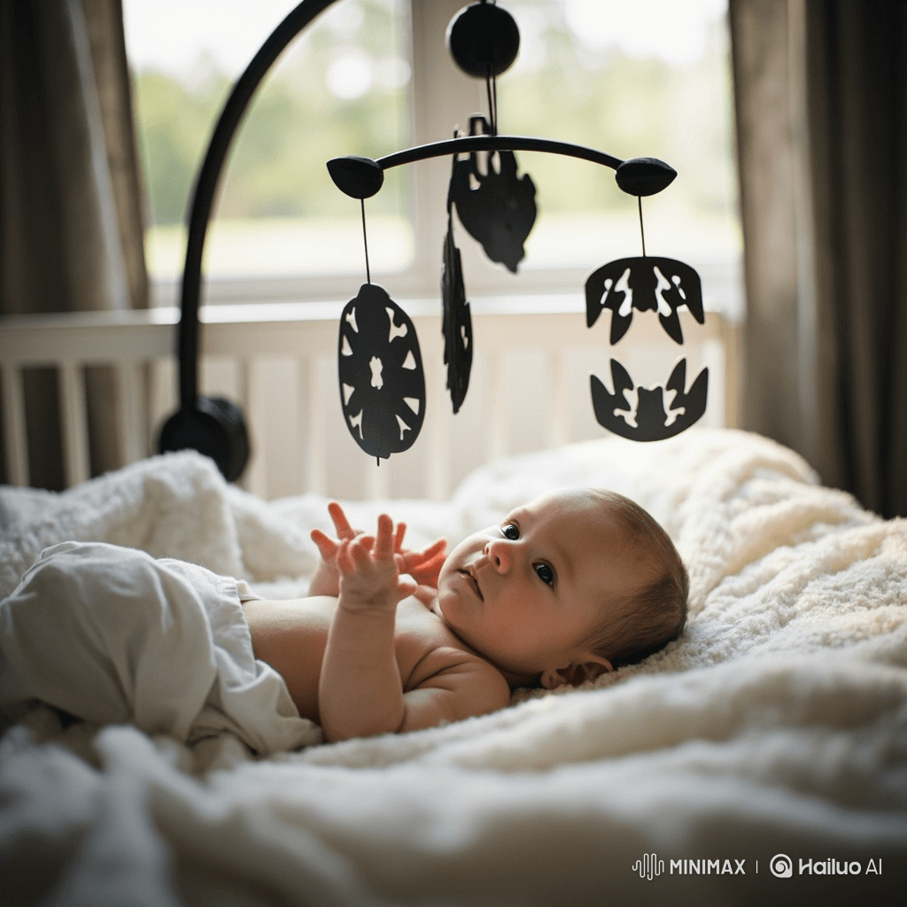 신생아가 높은 대비의 흑백 모빌을 호기심 어린 눈으로 응시하며 시각을 발달시키는 모습.