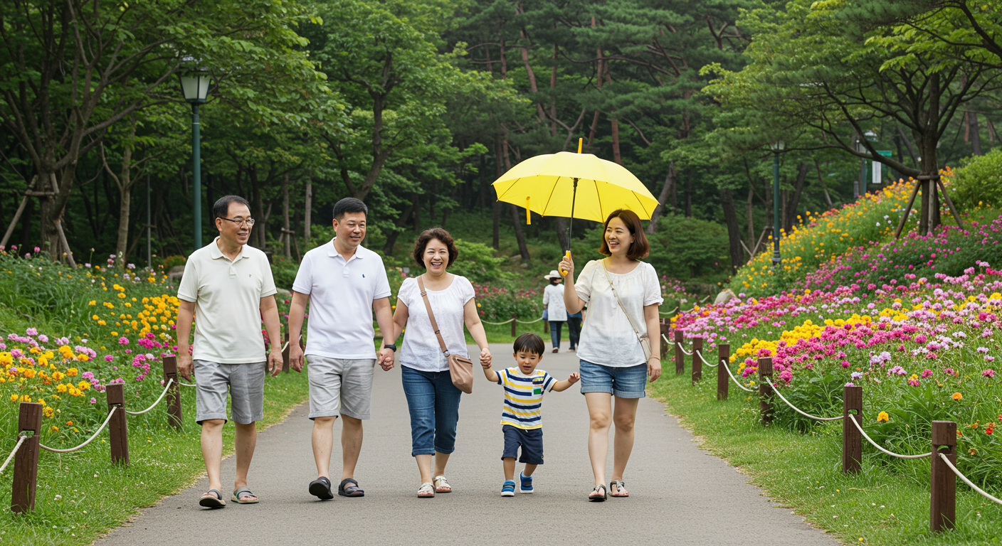 속초 청초호 공원에서 가족이 함께 산책하는 모습