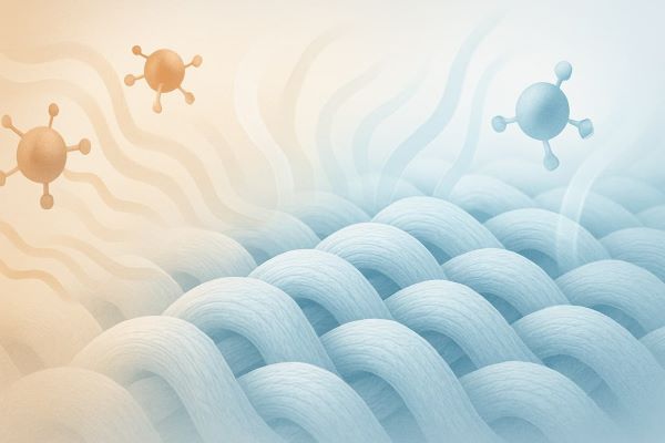 악취 분자가 섬유에 의해 중화되어 깨끗한 상태로 변화하는 과정을 표현한 추상 일러스트