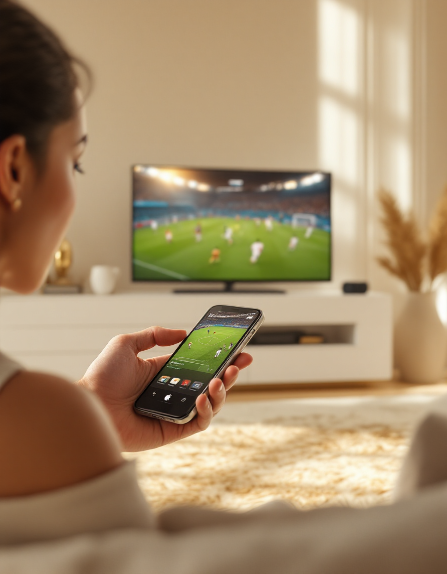 축구 중계 티비와 모바일로 연결해 보는 모습