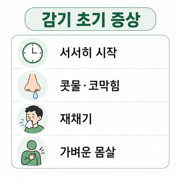 서서히 시작되는 콧물, 코막힘, 재채기와 가벼운 몸살로 표현한 감기 초기 증상