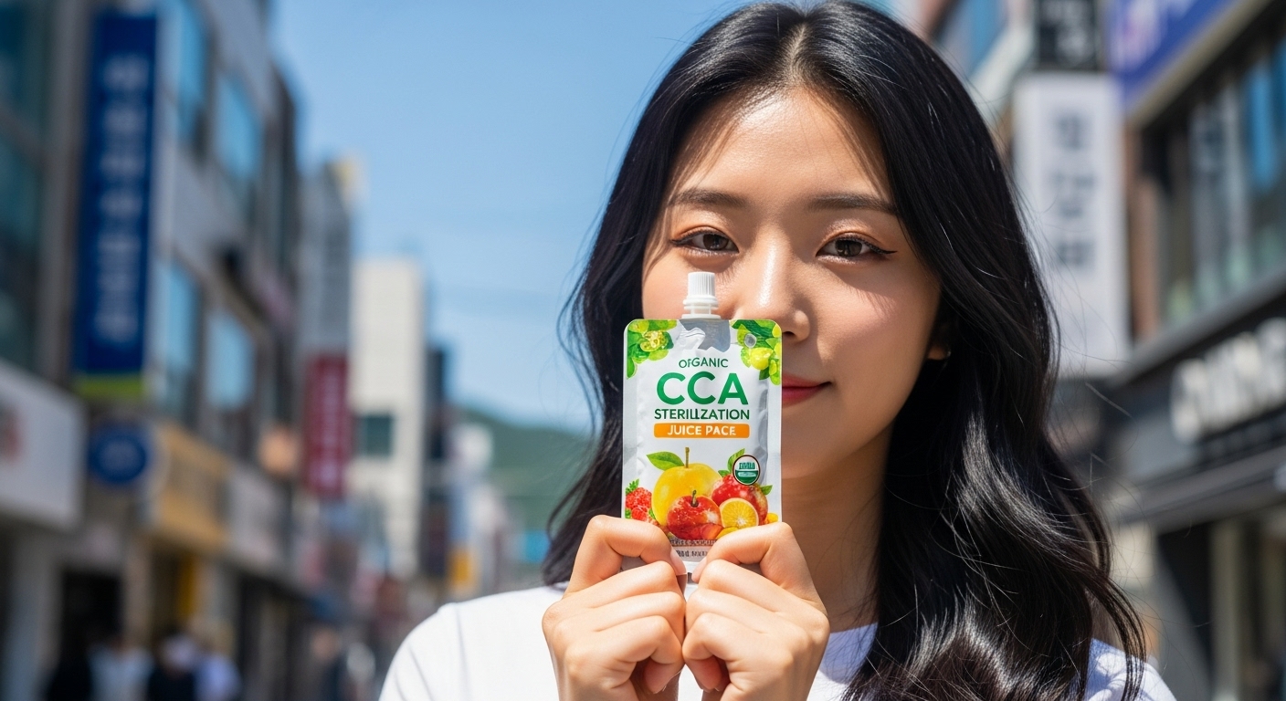유기농 CCA 주스 멸균팩을 들고 있는 모습