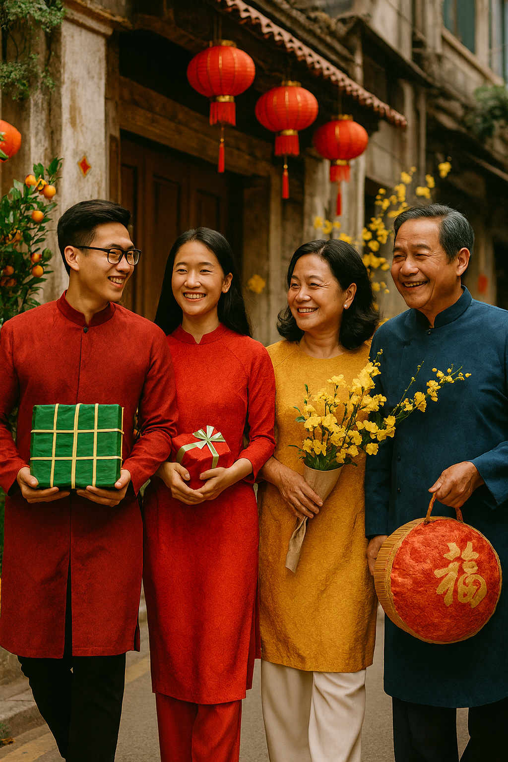 베트남 텟 명절 가족 사진, 전통 아오자이 복장, 설날 문화와 풍습, 베트남 새해 가족모임