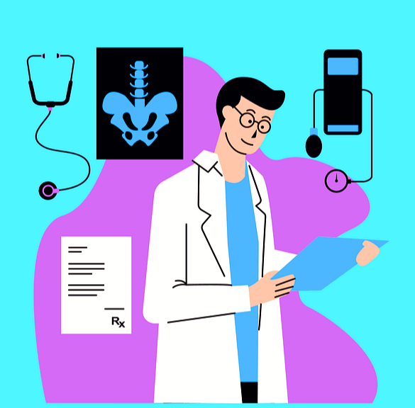 하얀 의사 가운을 입은 젊은 남자 의사가 서서 차트를 보고 있다. 뒤에는 사람 인체 뼈 사진과 청진기 그림이 그려졌다.