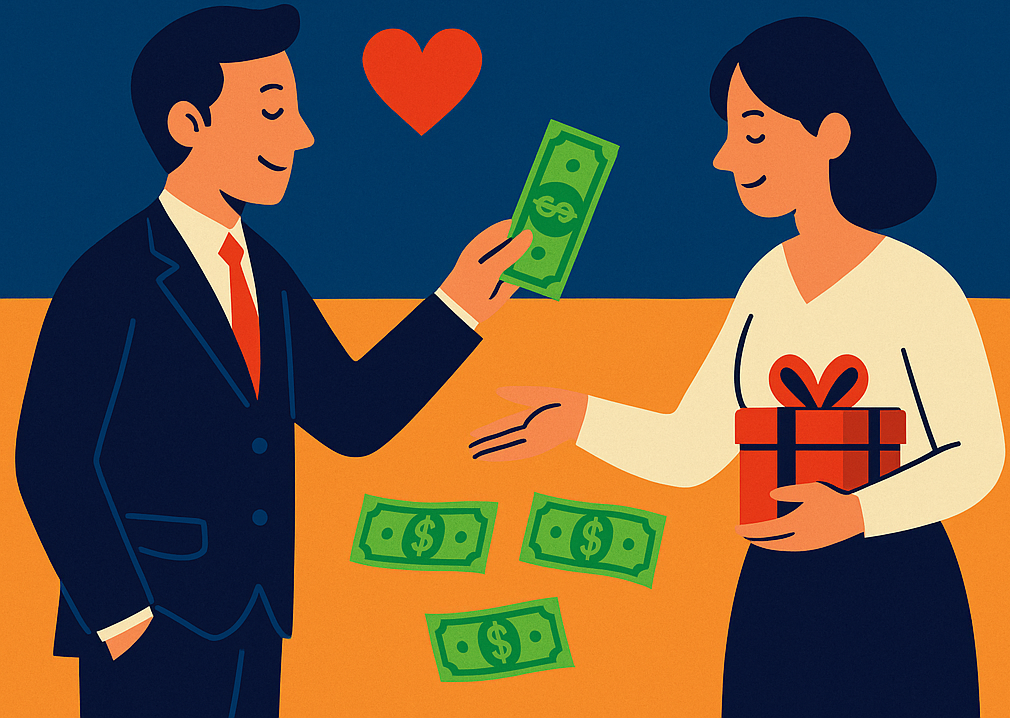 ‘돈은 사랑이다? 돈을 주고받는 관계의 언어 해석하기’라는 문구와 함께, 남성이 돈을 건네고 여성이 선물 상자를 들고 있는 장면을 담은 썸네일입니다. 돈과 감정, 관계를 연결하는 따뜻한 상징이 포함되어 있습니다.