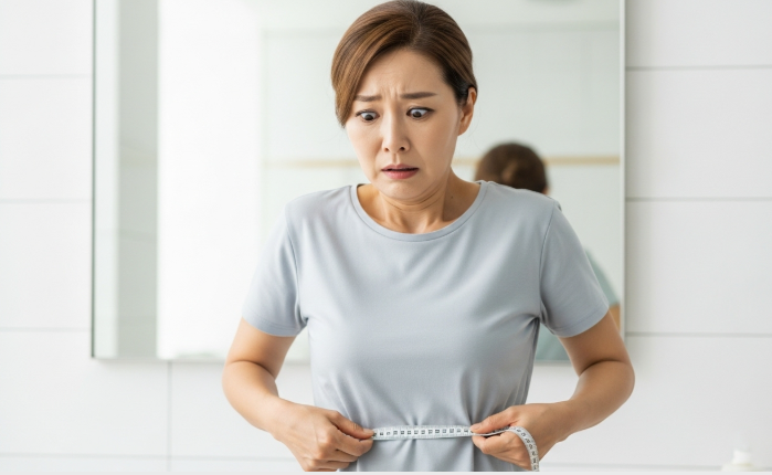 허리둘레 재는 중년 여성 사진