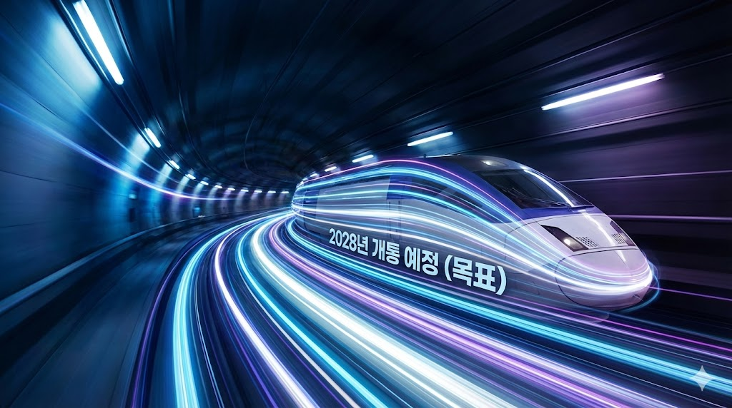 초고속 이동을 상징하는 빛의 궤적과 철도 터널의 역동적인 조감도 이미지입니다.