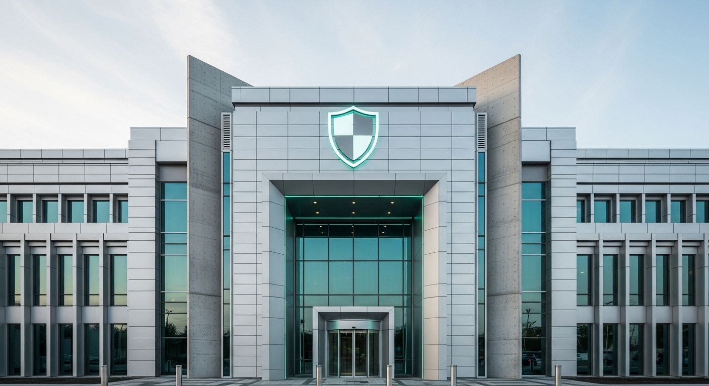 자산의 안정성을 상징하는 이미지. 견고한 금고나 튼튼한 건물 앞에 방패 모양의 아이콘이 있어 재산을 안전하게 지켜준다는 느낌을 줌.