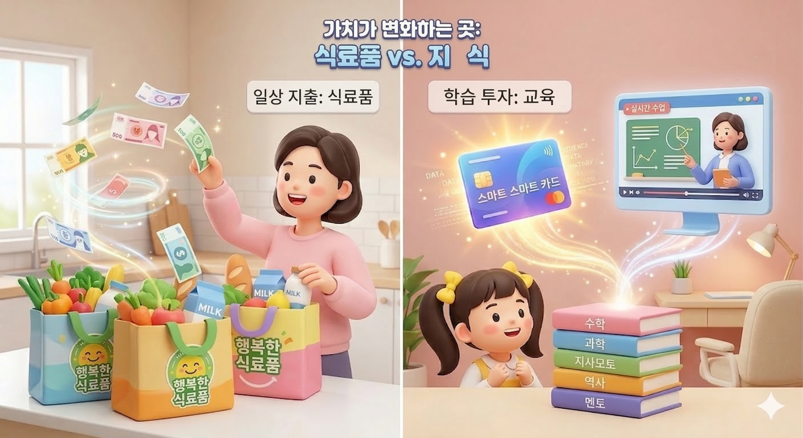 생활비로 쓰이던 현금 지급과 교육 도서 구매에 집중되는 학습 바우처의 가계부 방어 효과를 직관적으로 비교한 이미지