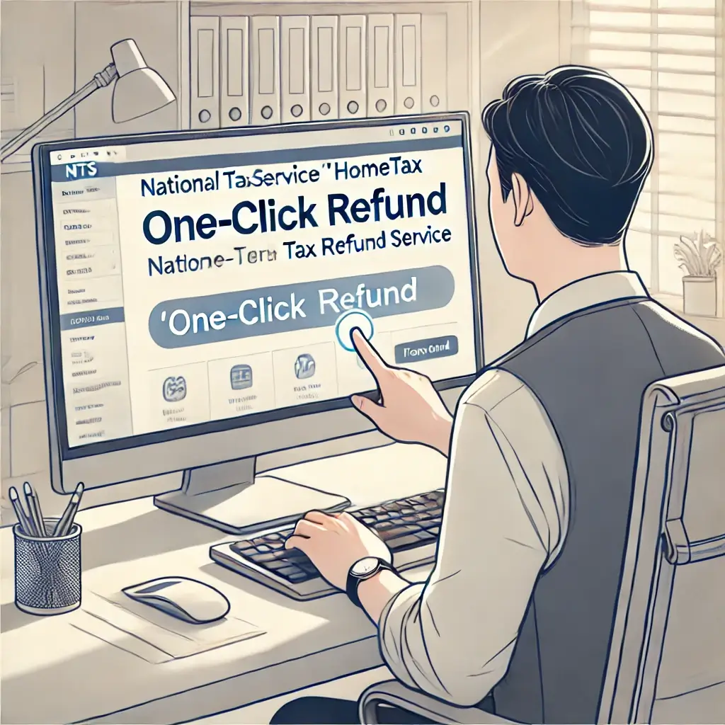 컴퓨터에서 원클릭서비스로 새금환급신청하는 남자