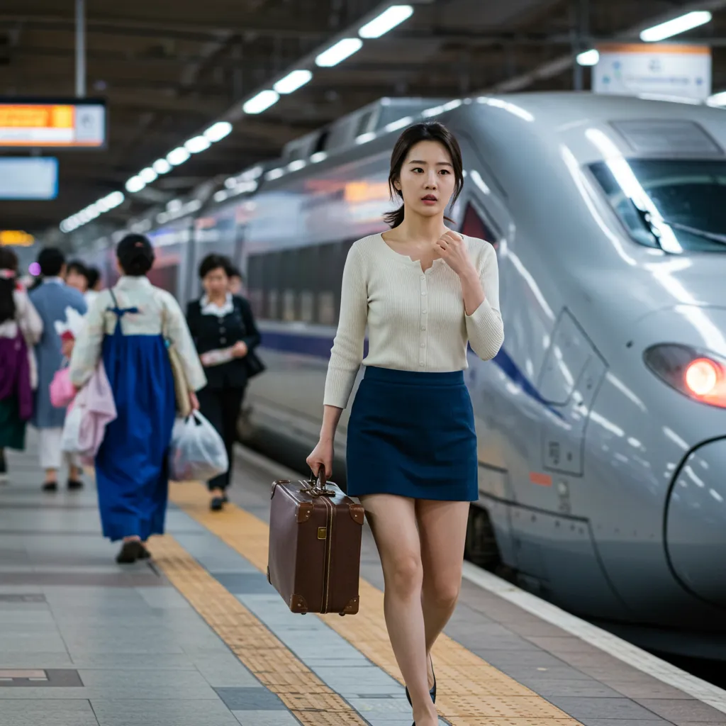 열차 타러 가며 웃고 있는 여성