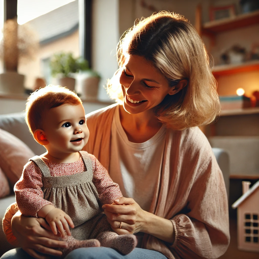 아이와 엄마가 서로 교감을 하고 있는 사진