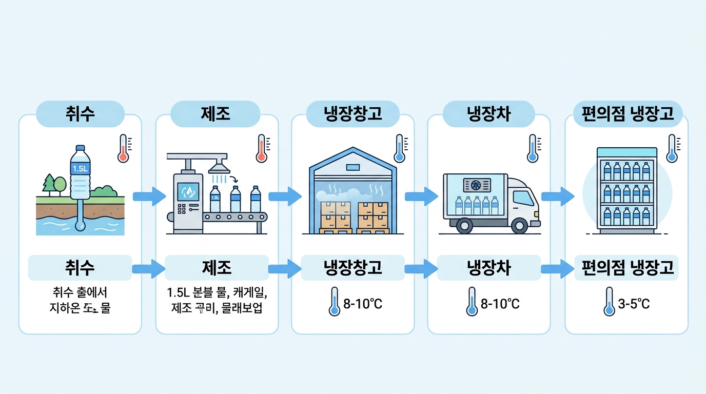 취수 → 제조 → 냉장창고 → 냉장차 → 편의점 냉장고