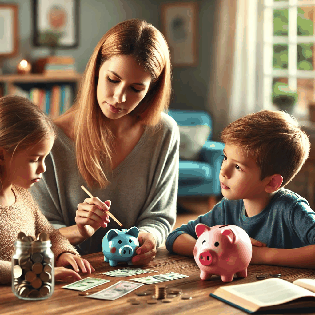 어머니가 두명의 아이에게 책상에서 공부를 지도하는 이미지