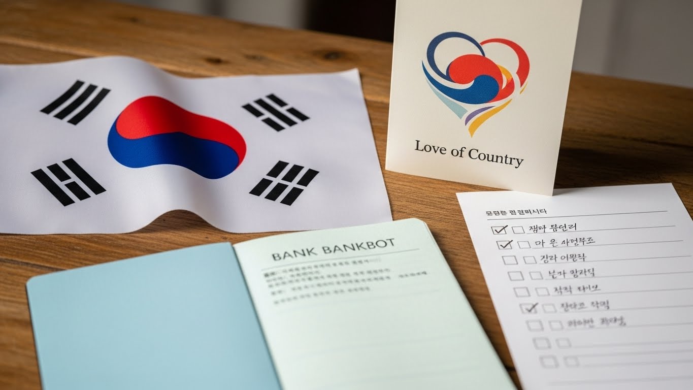 책상 위에 대한민국 국기 나라사랑카드와 통장, 체크리스트가 놓인 이미지