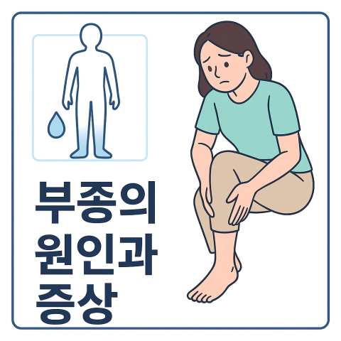 다리 부종을 살피는 여성과 &lsquo;부종의 원인과 증상&rsquo; 제목이 들어간 건강 블로그 썸네일