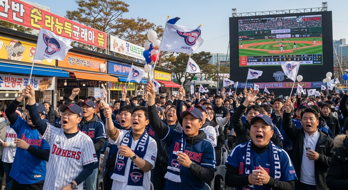 대형 스크린 앞에서 함께 야구 경기를 응원하며 열광하는 팬들의 모습