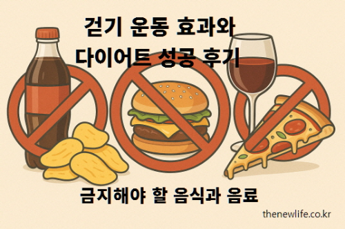 걷기 운동 다이어트에서 금지해야 할 음식과 음료 일러스트 – 콜라, 과자, 햄버거, 피자, 술 위에 금지 표시