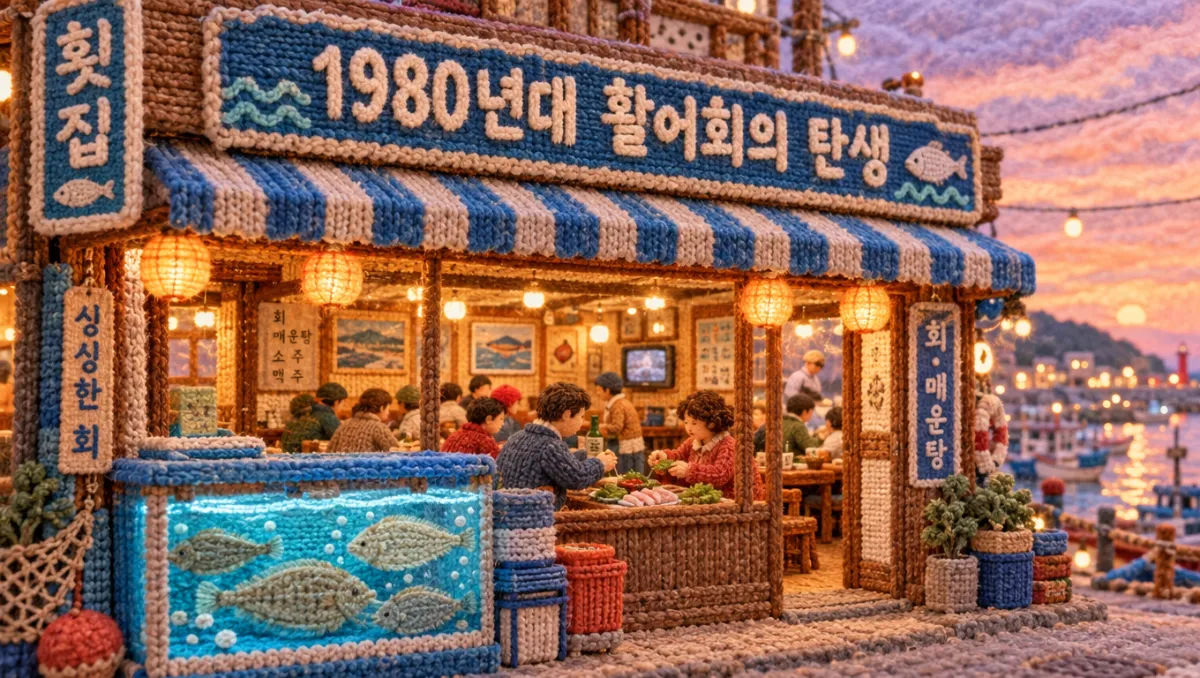 1980년대 횟집 입구의 파란 수족관과 상추쌈 상차림을 니트로 재현, '1980년대 활어회의 탄생' 간판 문구