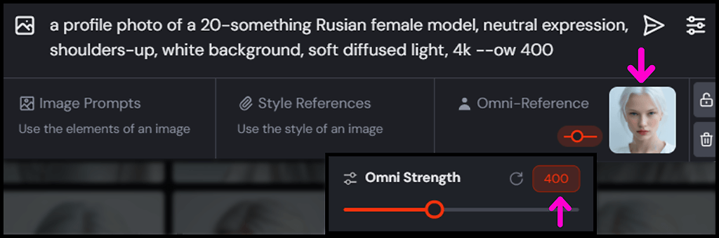 Midjourney OREF 기능 사용법, 참조할 인물 이미지 첨부 및 Omni Weight(ow) 강도 슬라이더 설정 화면_Midjourney
