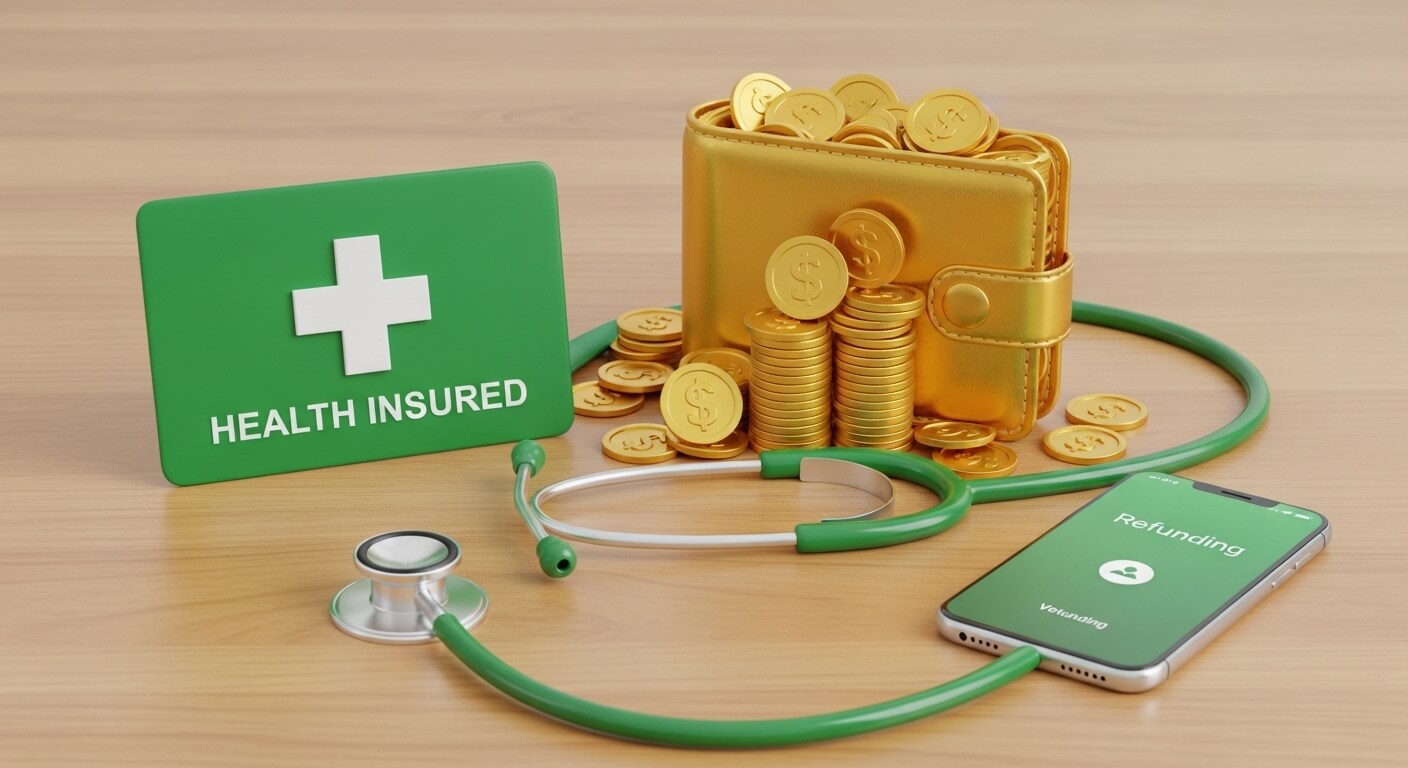 health insured 의 표지가 있고 휴대폰에 refunding 이 써줘있다. 그리고 황금코인과 지갑이 중간에있고 청진기가 있다