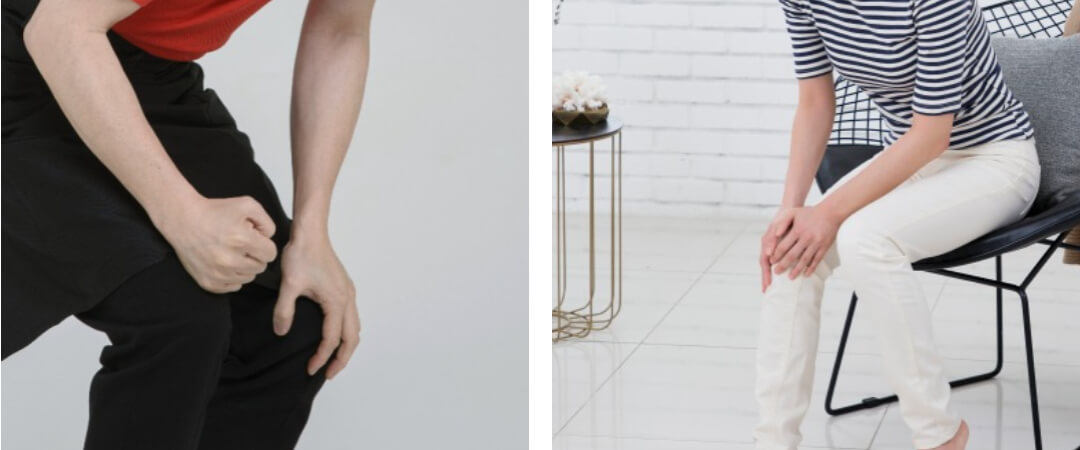 무릎 통증으로 무릎을 만지는 사진