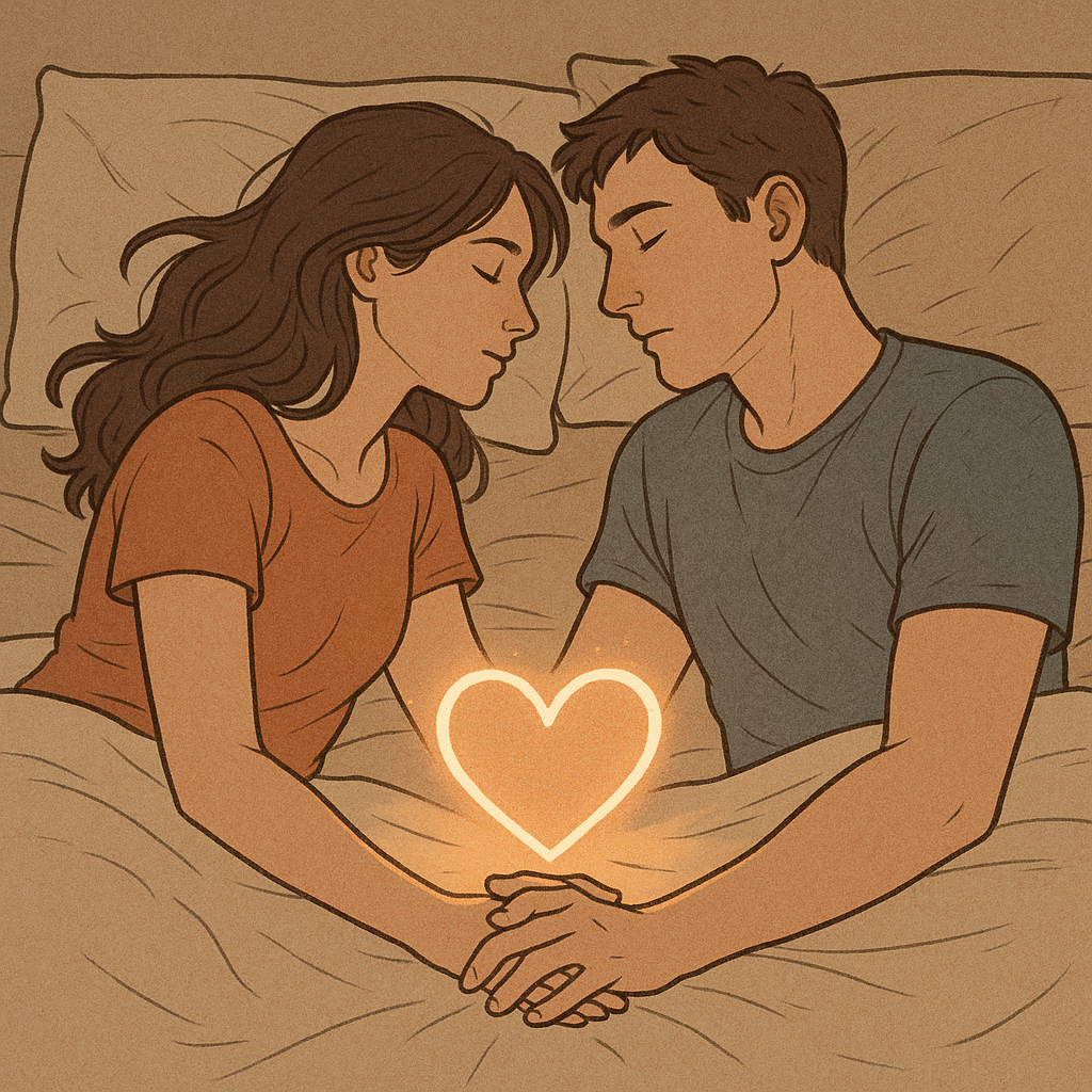 남녀과 침대에서 포근하게 누워있는 모습으로 가운데에 하트가있음