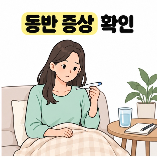 동반 증상 확인이라는 문구 아래 여성이 체온계를 바라보고 옆 탁자에 물컵과 수첩이 놓인 모습