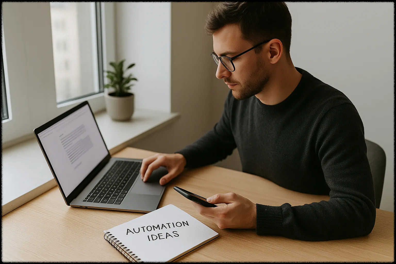 노트북과 스마트폰을 활용해 자동화 부업 아이디어를 정리 중인 남성